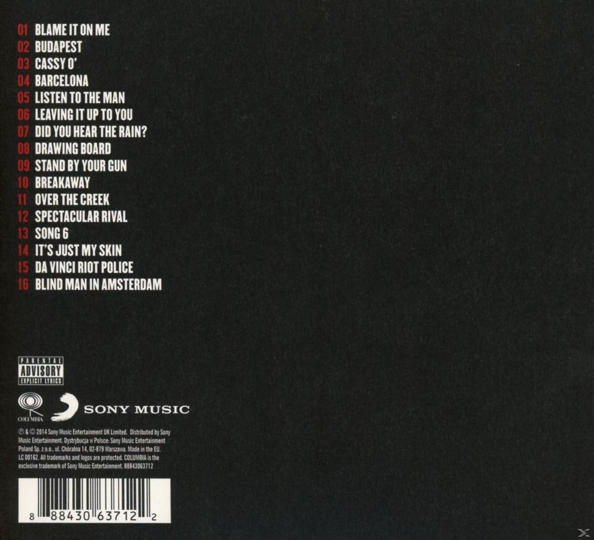 Albumcover mit Titelliste. Text enthält Künstlernamen, Albumtitel und Songnamen. Logo für elterliche Beratung vorhanden.