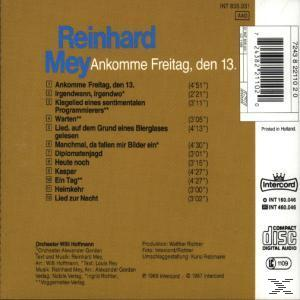 CD-Cover: blauer Text von Reinhard Mey, Ankomme Freitag. Tracklist auf braunem Hintergrund.