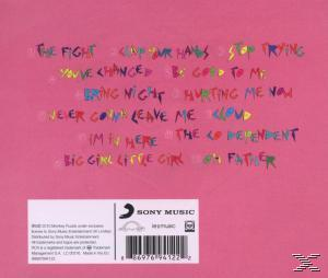 CD-Cover mit einer Liste von Songtiteln in verschiedenen Farben auf rosa Hintergrund.
