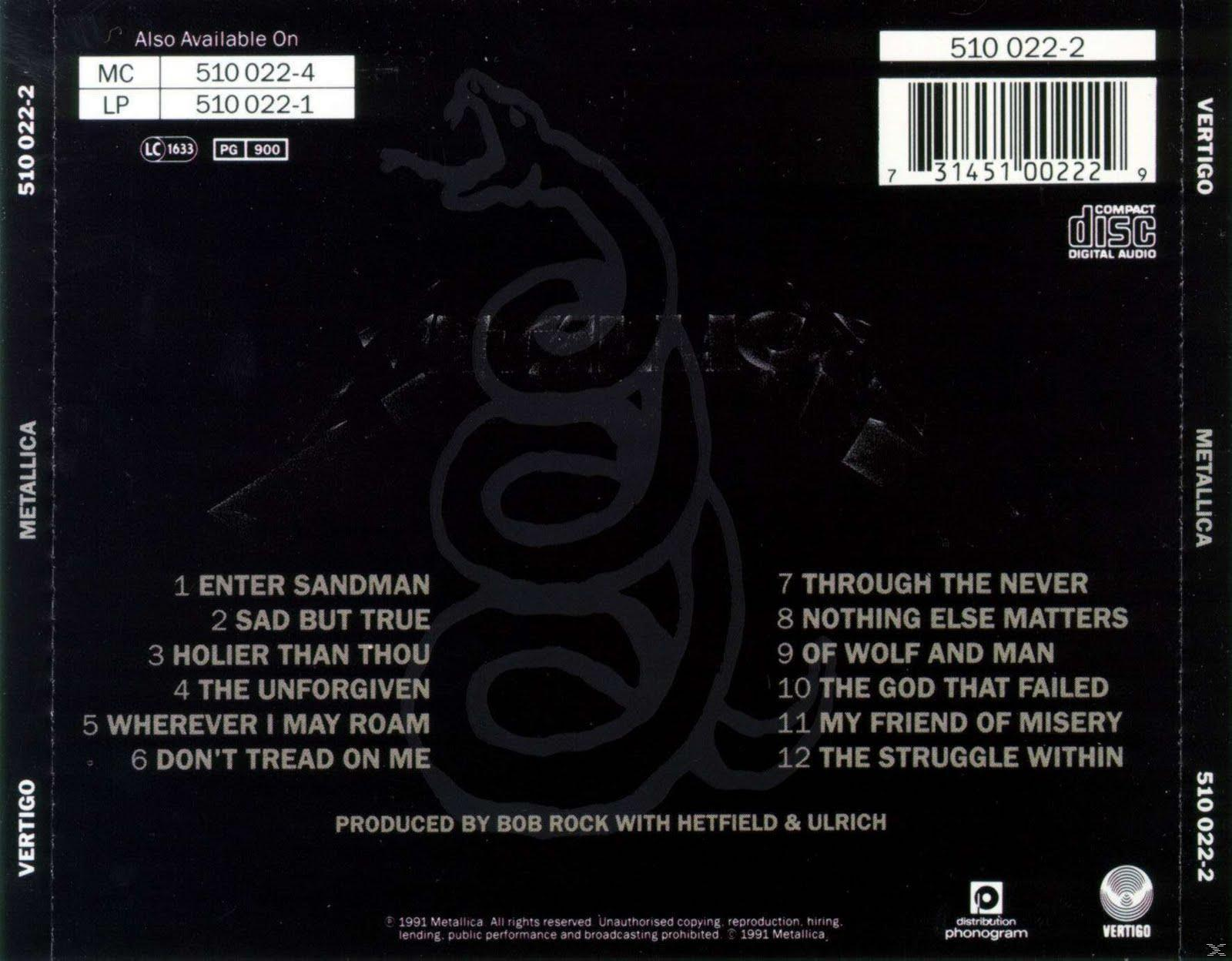 CD borító kígyó logóval. Fekete háttér fehér szöveggel. A zenekar neve Metallica.