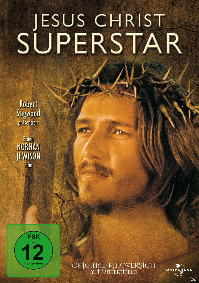 DVD-Cover für Jesus Christ Superstar. Mann mit Dornenkrone. Text: "Jesus Christ Superstar" auf braunem Hintergrund.