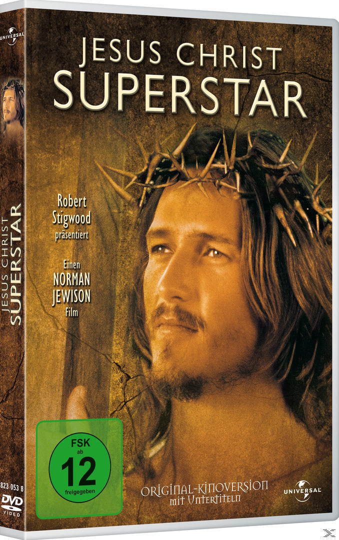 DVD-Cover: Jesus Christ Superstar, Jesus mit Dornenkrone. Brauner Hintergrund und weißer Text.
