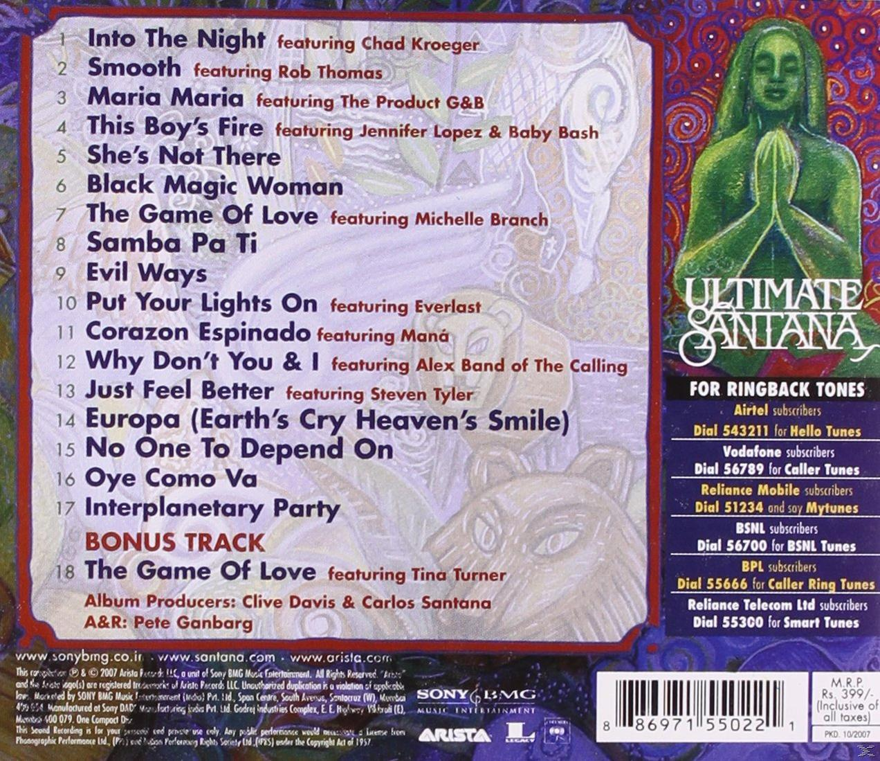 Albumcover: Bild einer Frau mit grünem Gesicht, Titelliste und Santanas Name.