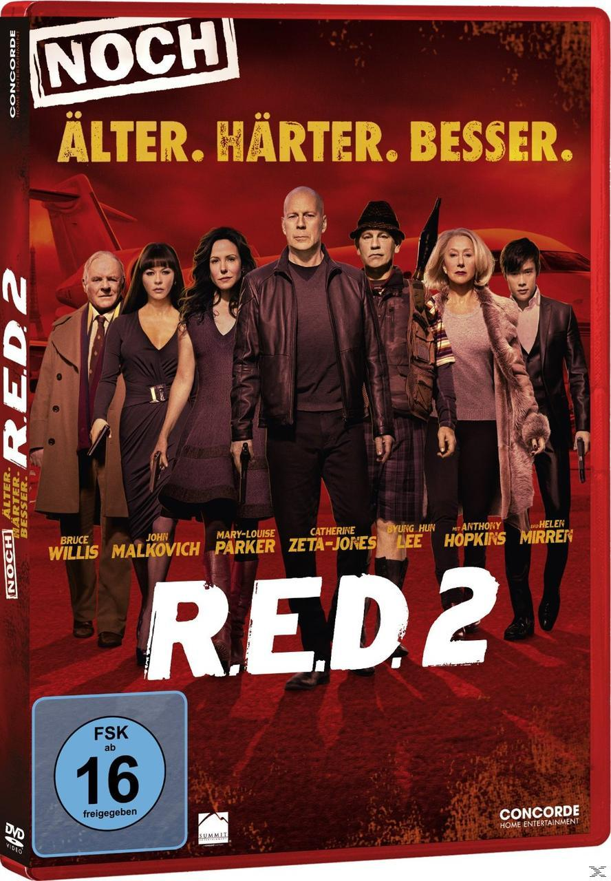 DVD-Cover mit Schauspielern. Der Text enthält 'RED 2' und den Slogan 'Älter. Härter. Besser.'