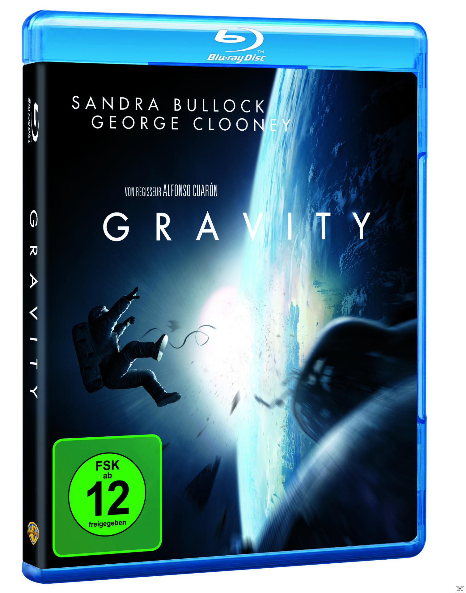 Blu-ray-Filmcover. Astronaut im Weltraum. Titel 'GRAVITY', Schauspieler Sandra Bullock, George Clooney. Blau und Grün.