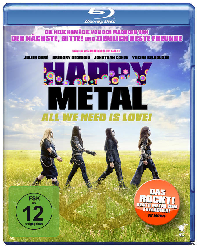 Blu-ray-Filmcover. Der Titel lautet Happy Metal, mit einer Gruppe von Metalheads, die auf einem Feld gehen.