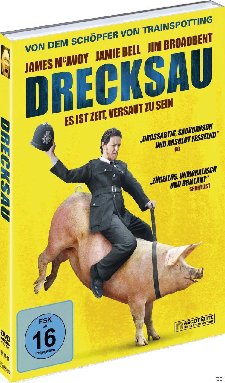 DVD-Cover des Films 'Drecksau' mit James McAvoy auf einem Schwein.