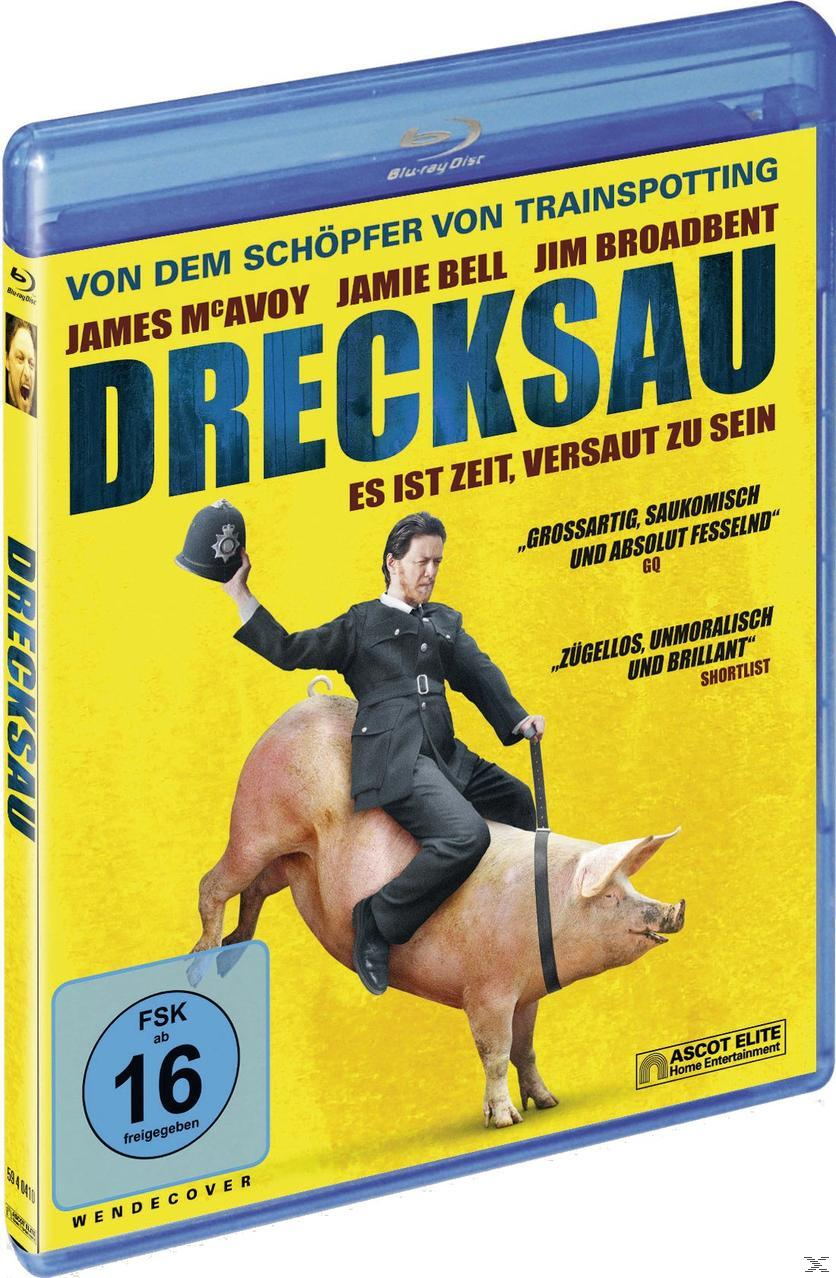 Blu-ray-Disc-Cover. Ein Mann in Polizeiuniform reitet auf einem Schwein. Gelber Hintergrund mit Text.