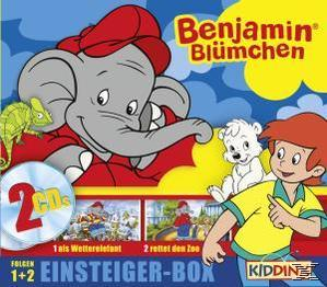 Cartoon-Cover mit einem Elefanten, einem Jungen und einem Bären, die zwei CDs bewerben.