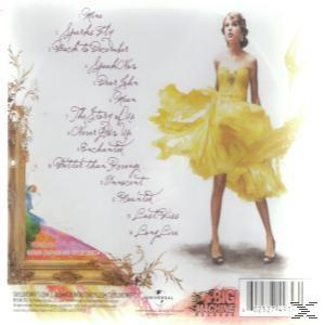 Rückseite des Taylor Swift-Albums. Liedtexte und eine Frau in einem gelben Kleid.