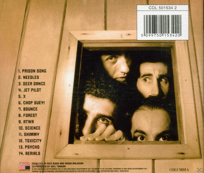 CD-Rückseite. Vier Gesichter in einem quadratischen Rahmen. Bandname: System of a Down. Songtitel sichtbar.