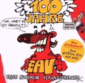 CD-Cover mit einer cartoonartigen roten Figur, die ein Schild hält, und einem gelben Kreis mit Text.
