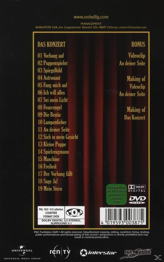 DVD-Cover mit rotem Hintergrund und einer Liste der Songs von Unheilig, der Text ist auf Deutsch.