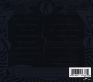 Schwarze CD-Rückseite mit weißem Text und Blitzdesign.