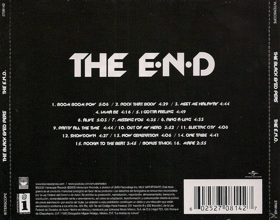 Pochette de CD avec le titre de l'album 'THE E.N.D.' et les listes de chansons de 'THE BLACK EYED PEAS'.
