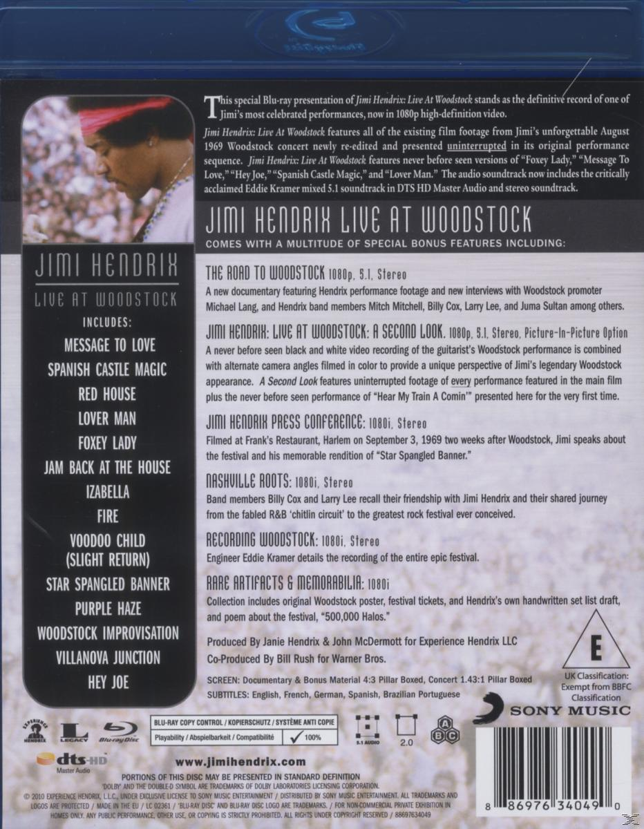 Blu-ray-Cover mit Text über Jimi Hendrix. Der Titel lautet "Jimi Hendrix Live at Woodstock".