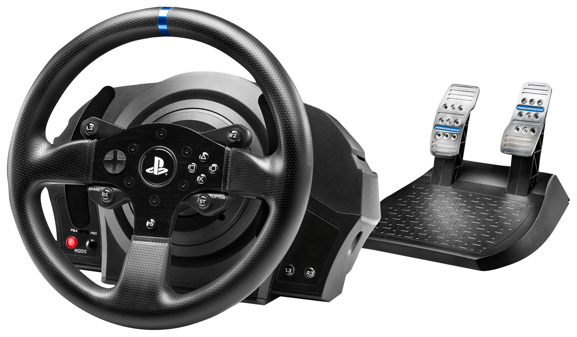 Gaming-Lenkrad mit Pedalen, schwarz und silber, vor weißem Hintergrund.