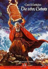 Filmposter, Moses hält Tafeln, vor bewölktem Himmel. Titel auf Deutsch, Cecil B. DeMille.