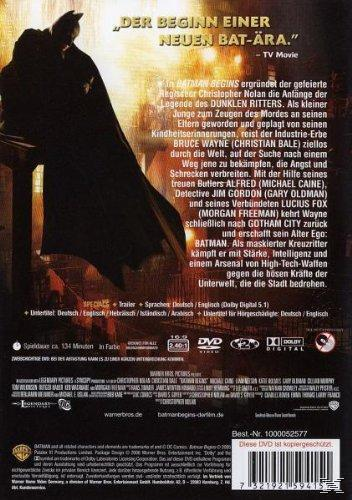 Batman Begins DVD-Cover mit Batman-Silhouette und Text auf Deutsch.