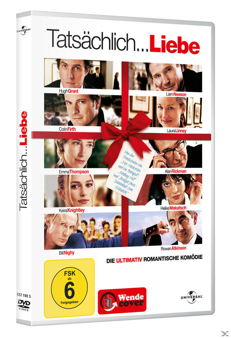 DVD-Cover mit Schauspielern und einer roten Schleife. Filmtitel Tatsächlich...Liebe. Weißer Hintergrund. FSK-Logo.