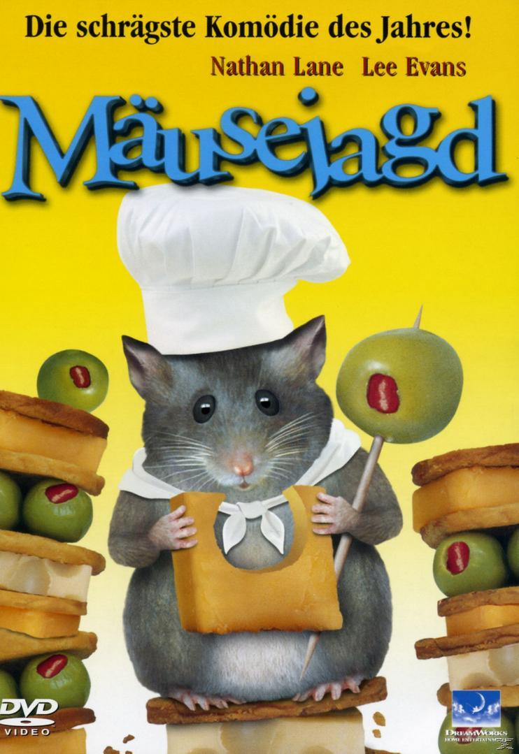 Mouse Hunt DVD-Cover. Eine Maus mit Kochmütze hält eine Olive. Stapel von Sandwiches umgeben sie.