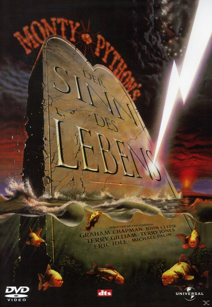Filmplakat. Eine Steintafel mit deutschem Text, Fischen und einem Blitz.