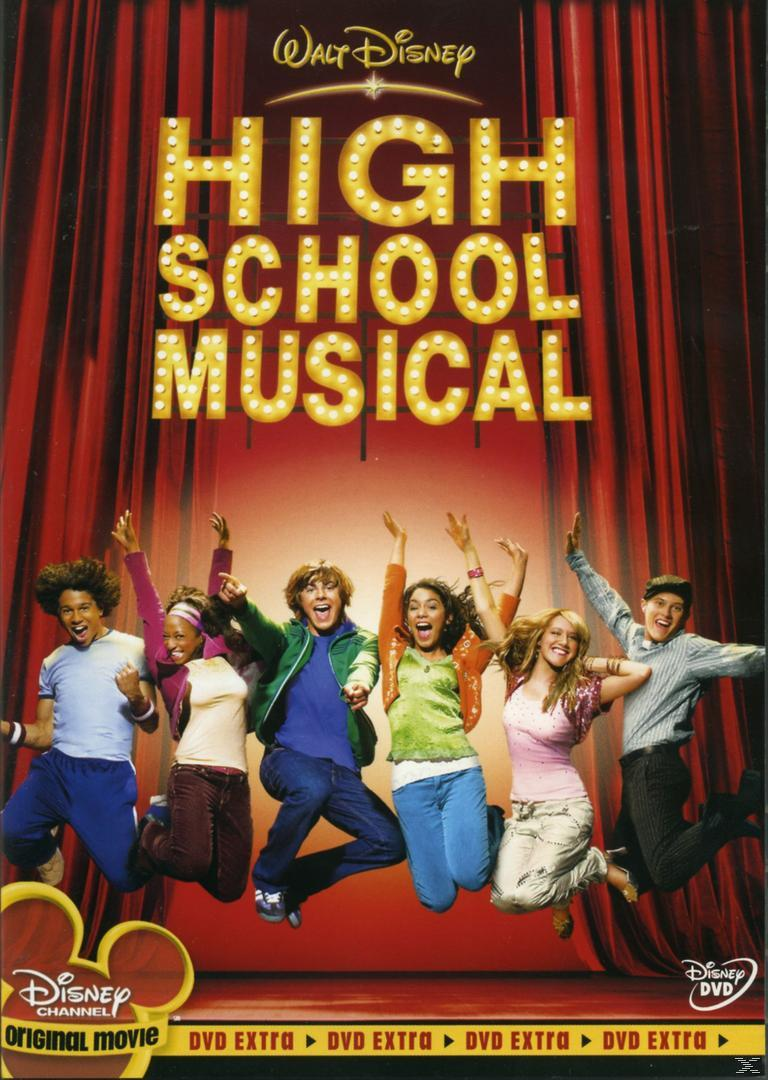 High School Musical DVD-Cover mit springenden Darstellern vor rotem Vorhang.