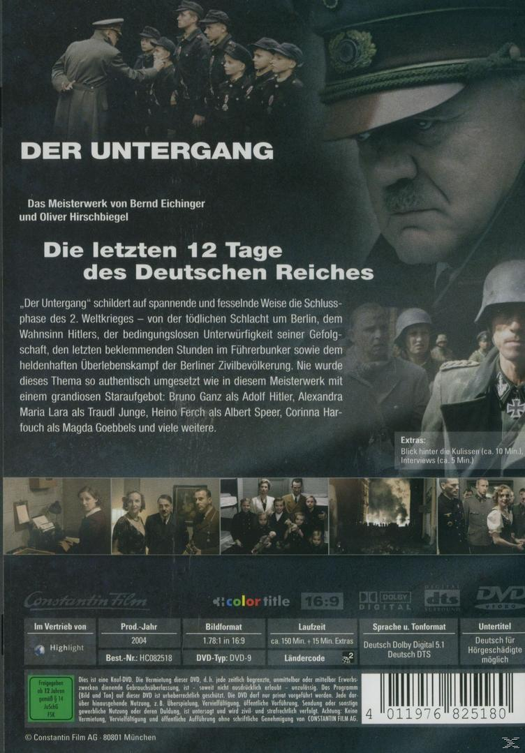 DVD-Cover eines Films über Hitlers letzte Tage, mit Schauspielern und Text.