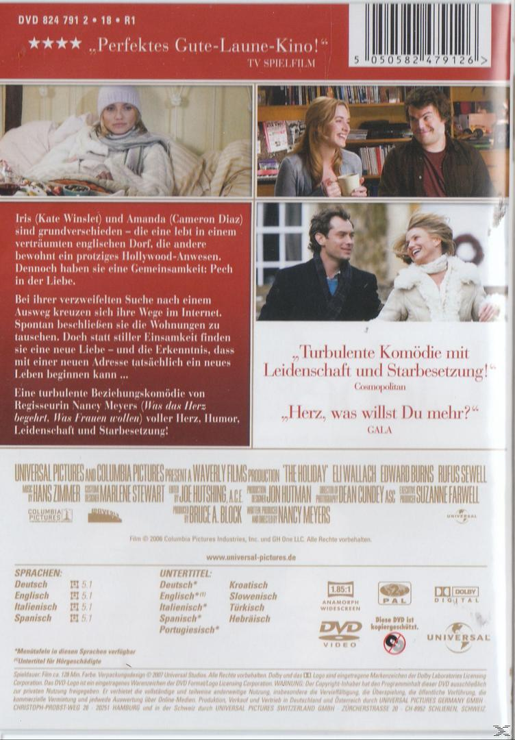 DVD-Cover für 'The Holiday'. Ein Paar ist in der Szene, eines im Vordergrund und eines im Hintergrund.
