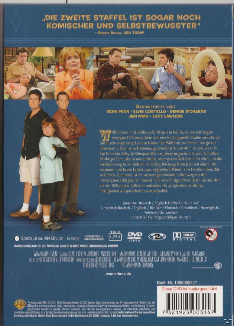 Rückseite der Two and a Half Men DVD. Cast-Foto, Text in Englisch, Deutsch und anderen Sprachen. Blau, Weiß und Gelb.