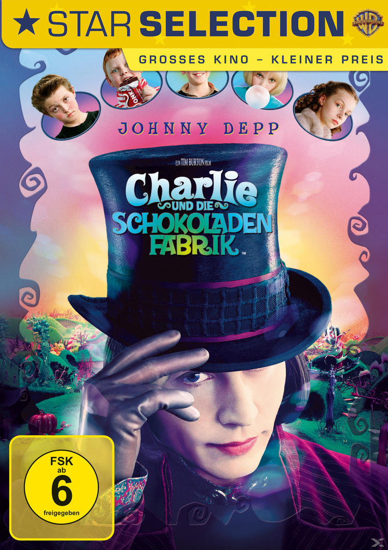 Filmposter für Charlie und die Schokoladenfabrik. Zeigt Johnny Depp als Willy Wonka.