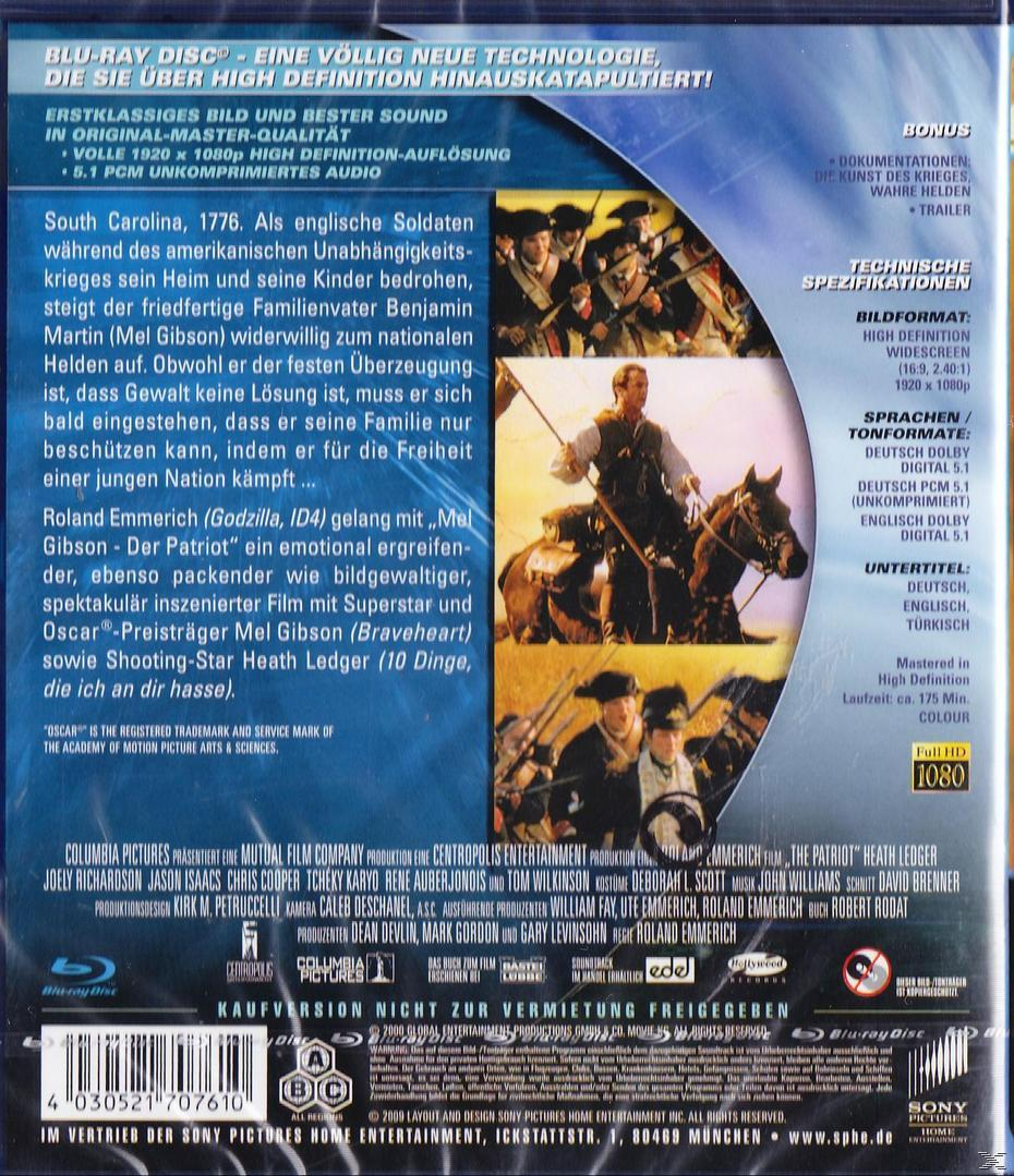 Rückseite der DVD 'The Patriot'. Text und Bilder mit Filminformationen, blaue Hülle.