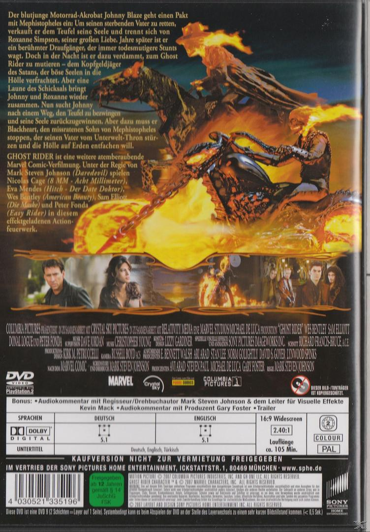 DVD-Rückseite, Ghost Rider. Text, Bilder von Charakteren, Motorrad und Feuereffekten.