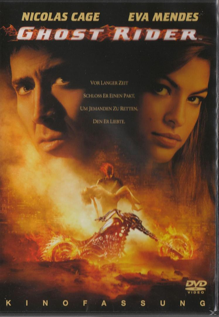 Ghost Rider DVD-Cover mit Nicolas Cage und Eva Mendes, Flammen und Motorrad.