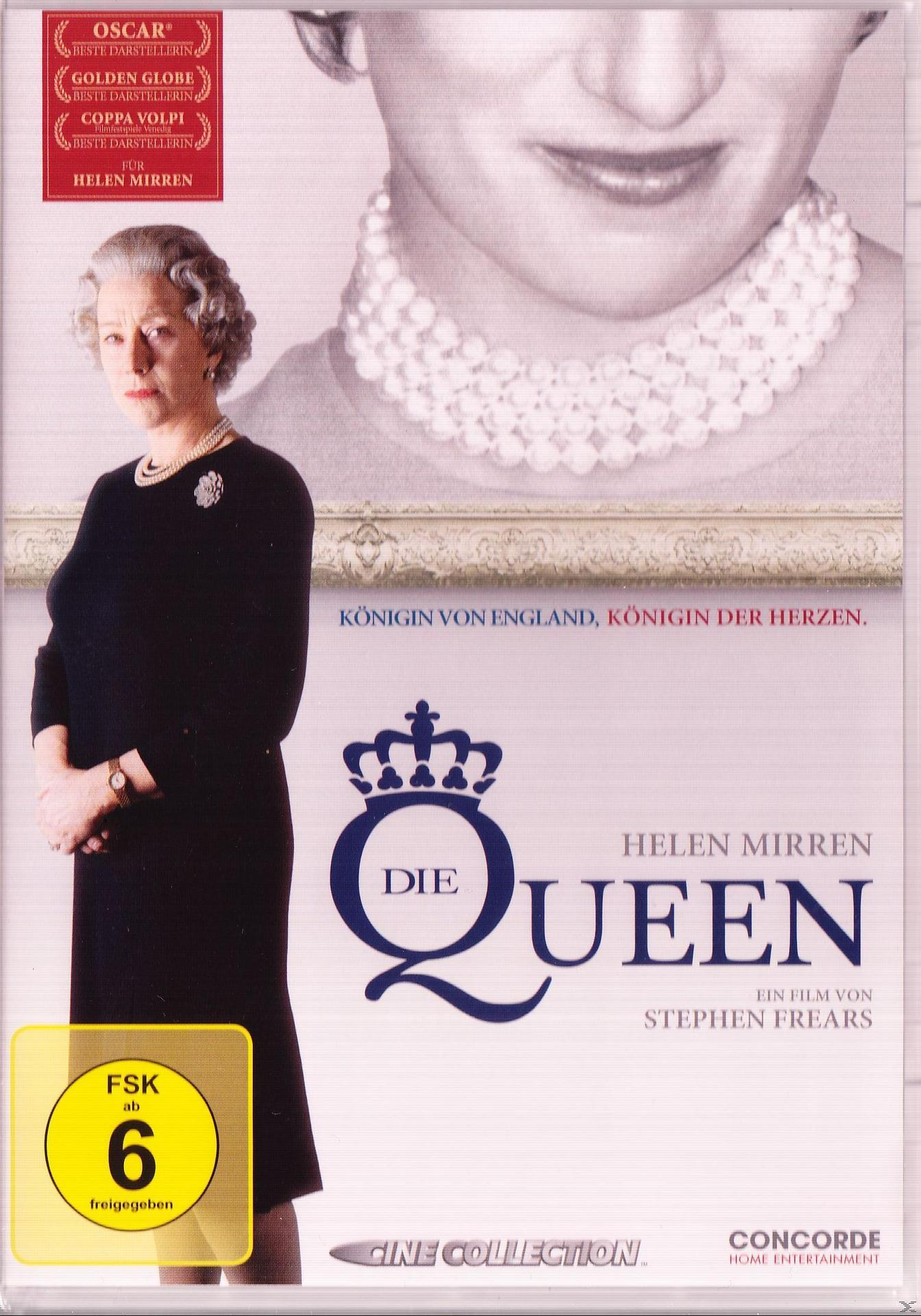 Filmposter für Die Queen. Helen Mirren in schwarzem Kleid und Perlen, ernst blickend.