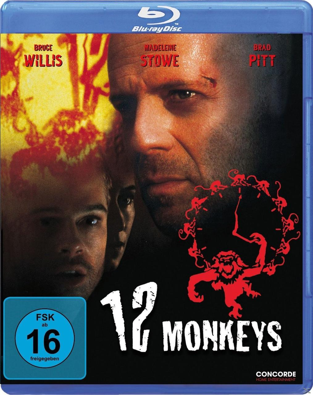 DVD-Cover für „12 Monkeys“. Bruce Willis, Brad Pitt und Madeleine Stowe. Eine Uhr mit einem Affen darauf.