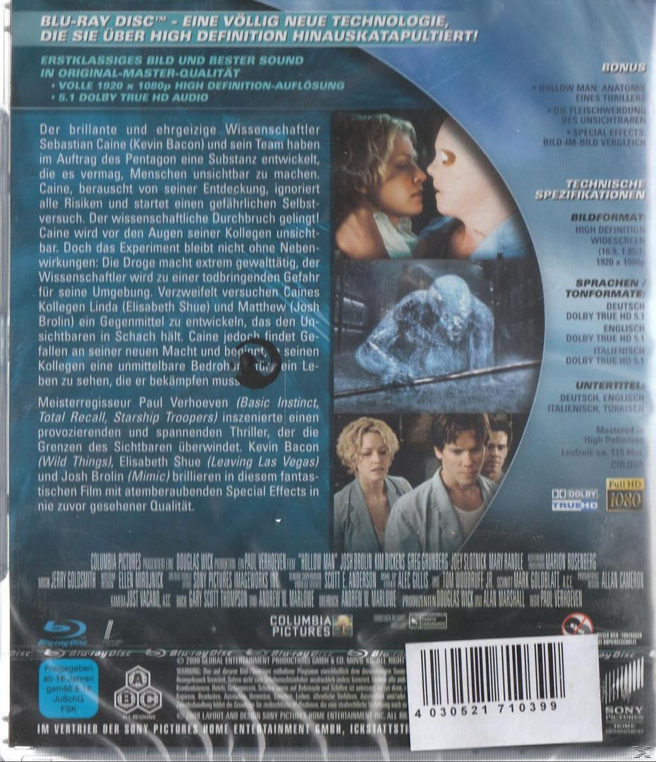 Hollow Man Blu-ray-Cover. Bilder von Schauspielern, Text und ein blauer Hintergrund. Text enthält Filmtitel und Schauspieler.