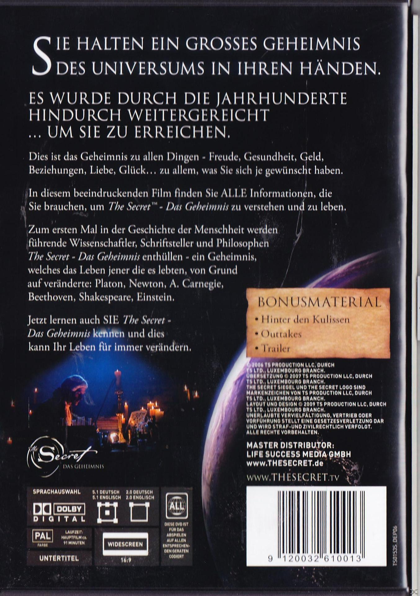 DVD-Cover: Text auf Deutsch auf dunklem Hintergrund. Enthält das Logo 'The Secret' und ein Buchcover.