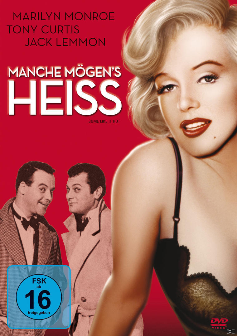 Filmposter: Marilyn Monroe, Tony Curtis und Jack Lemmon. Roter Hintergrund. Titel: Manche mögen's heiß.