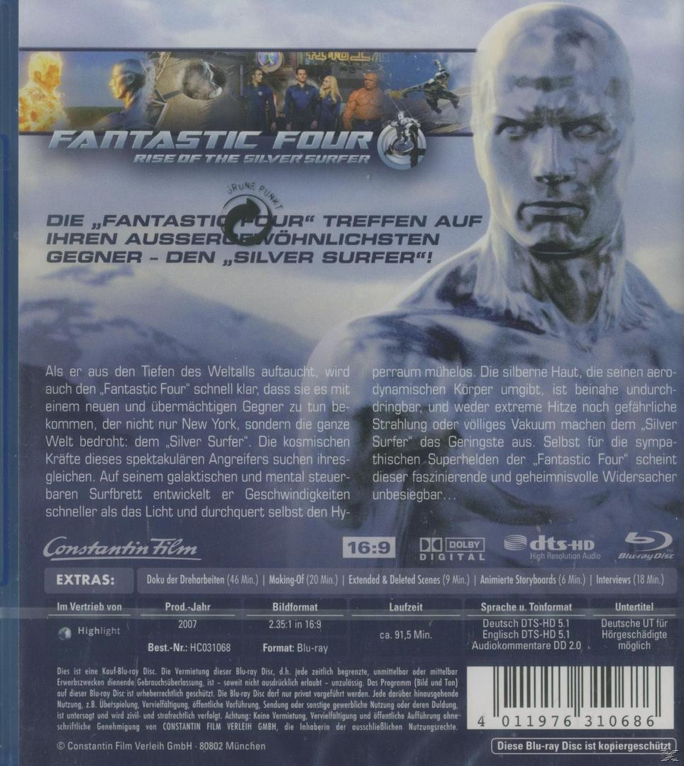 Blu-ray-Cover für "Fantastic Four: Rise of the Silver Surfer" mit dem Silver Surfer und dem Filmtitel.
