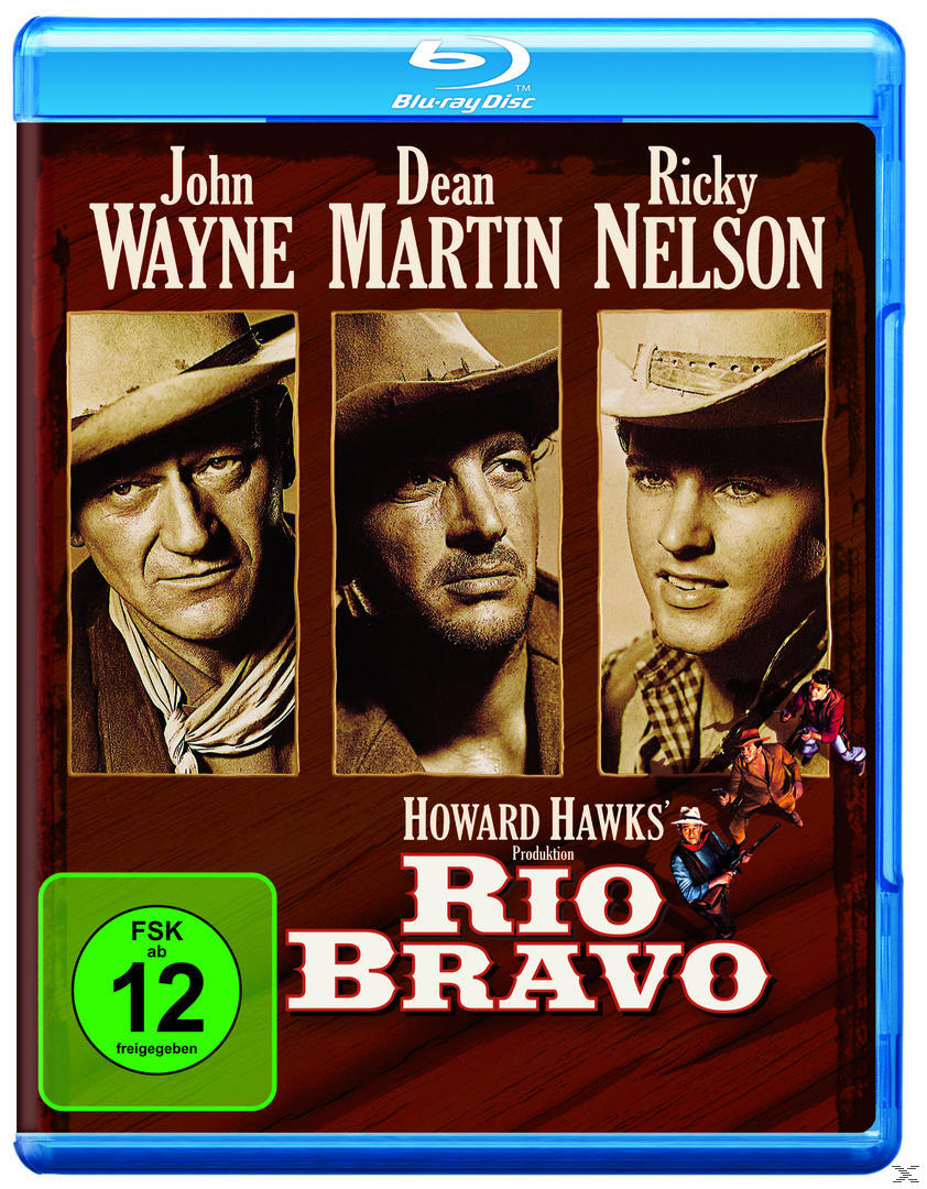 Blu-ray-Cover. Porträts von drei Männern mit Cowboyhüten. Der Titel lautet 'Rio Bravo'. Grünes Bewertungssymbol.