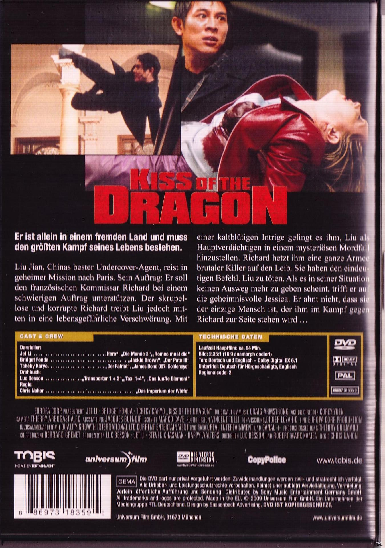 DVD-Cover, „Kiss of the Dragon“. Ein Mann und eine Frau in einem roten Kleid. Text auf Französisch und Englisch.