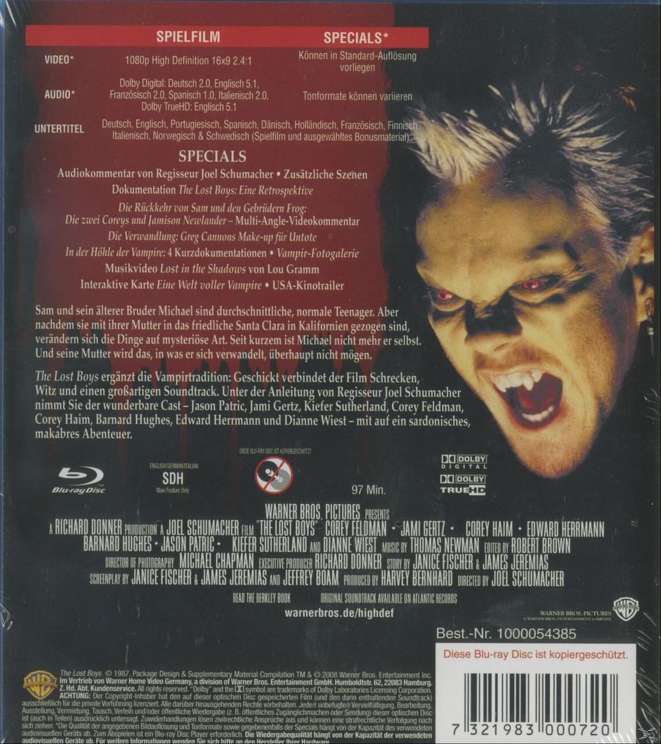 DVD-Cover für 'The Lost Boys' mit Vampirgesicht, Details auf der Rückseite.