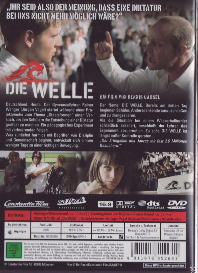DVD-Cover: Männer streiten sich, Text auf Deutsch. Hintergrund: eine Menschenmenge. Titel: Die Welle.