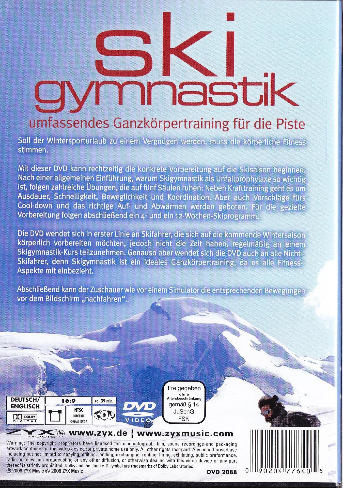 DVD-Cover. Text auf dem Cover erwähnt Skigymnastik und einen Mann auf der rechten Seite.