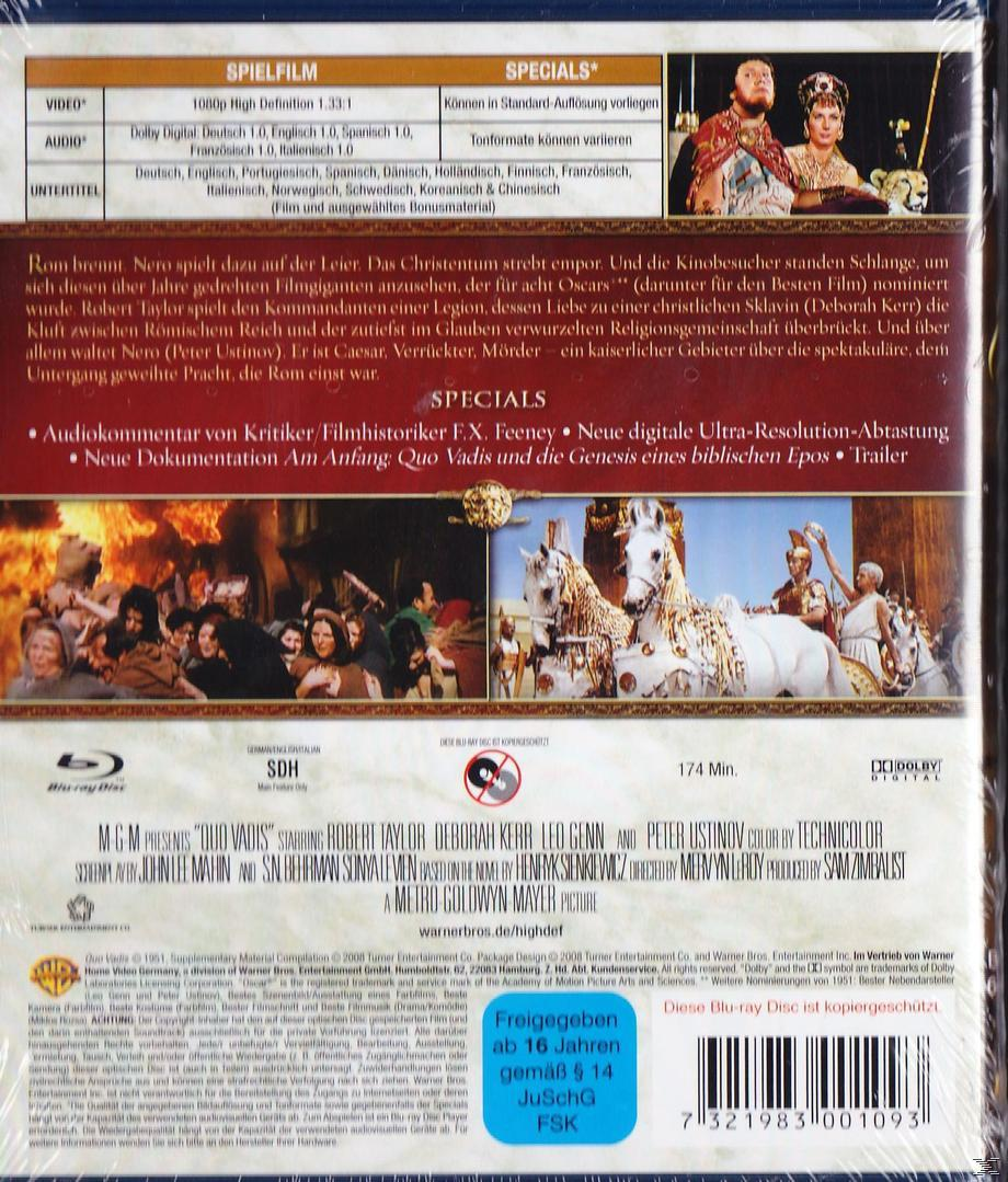 DVD-Rückseite: 'Quo Vadis'. Text, Bilder einer Filmszene und Schauspieler. Blue-ray Disc Logo und Text.
