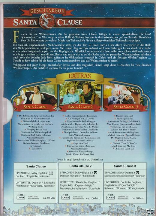 DVD-Cover für die Santa Clause-Trilogie. Zeigt einen Mann im Weihnachtsmann-Anzug.