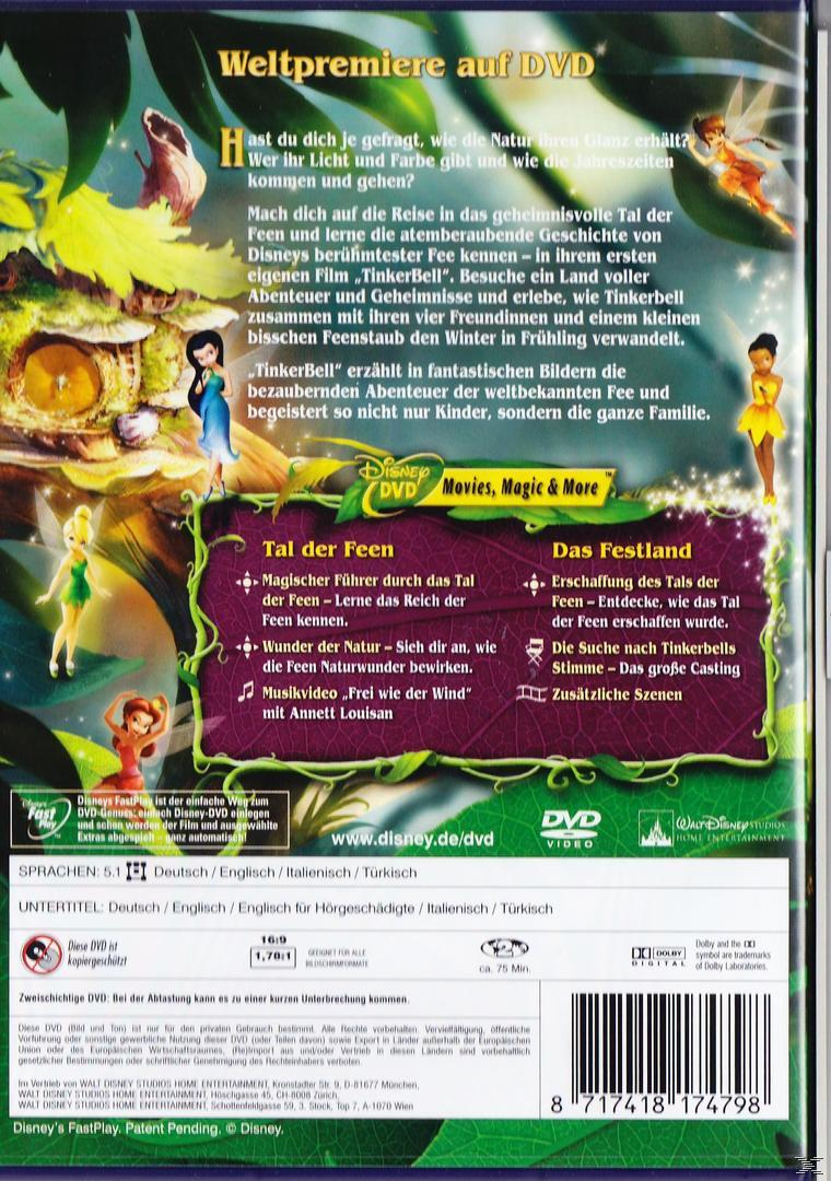 DVD-Cover für Tinkerbell. Mehrere Feen. Text auf Deutsch. Eine Waldszene im Hintergrund.
