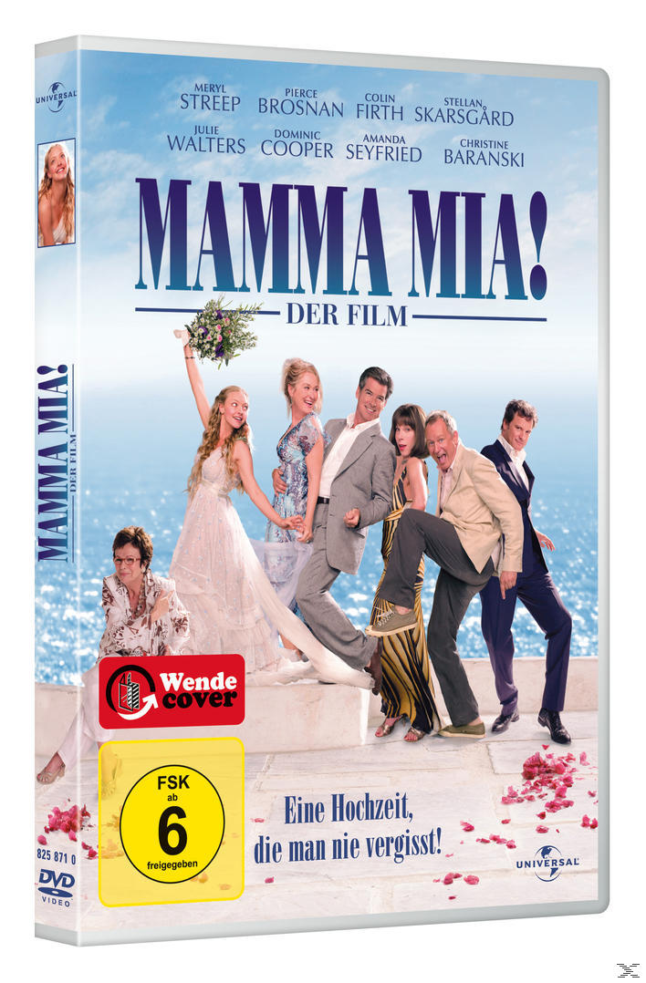 DVD-Cover des Films 'Mamma Mia!' mit mehreren Schauspielern und Text auf hellblauem Hintergrund.