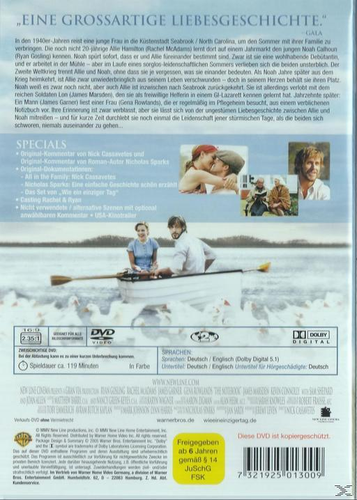 DVD-Cover für The Notebook. Ein Mann und eine Frau umarmen sich in einem Boot. Andere Bilder des Films werden gezeigt.